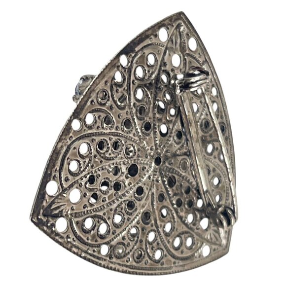 Vintage Silver-Tone Filigree Triangle Brooch With Blue Rhinestones - Picture 4 of 6